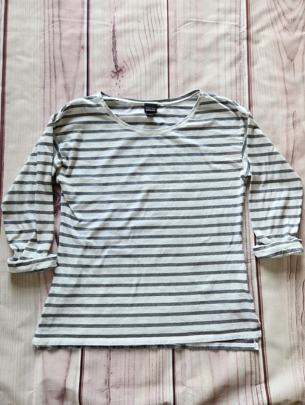 Patagonia "Shallow Seas Top" Stripe 3/4 Sleeve White/Black #54975 Women's Size L